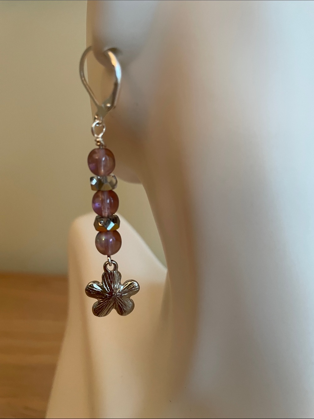 HAND CRAFTED PURPLE CZECH GLASS BEADED FLOWER DROP EARRINGS Silver Floral Dangle - Picture 6 of 9